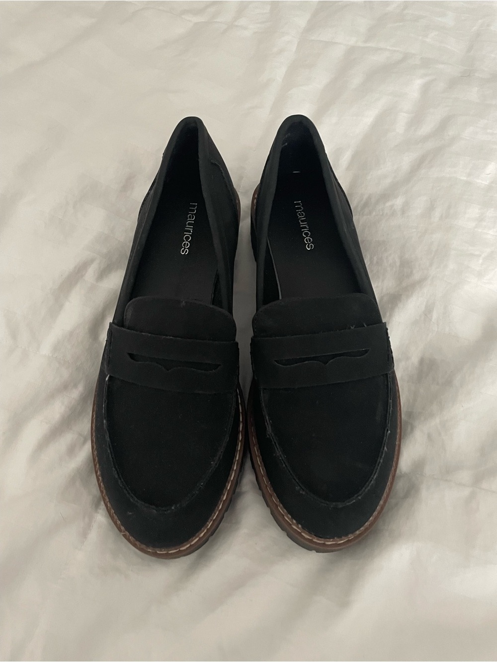Maurices Black Suede Penny Loafers with Brown Trim